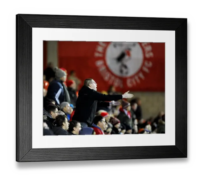 Framed Print : Bristol City Fan Urges MK Dons Goalkeeper David Martin Amidst Tension at Ashton Gate Framed Print : Bristol City Fan Urges MK Dons Goalkeeper David Martin Amidst Tension at Ashton Gate