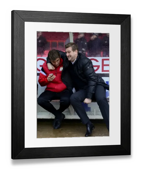 Framed Print : Karl Robinson Shares a Light-Hearted Moment with MK Dons Bench Before Bristol City Clash Framed Print : Karl Robinson Shares a Light-Hearted Moment with MK Dons Bench Before Bristol City Clash
