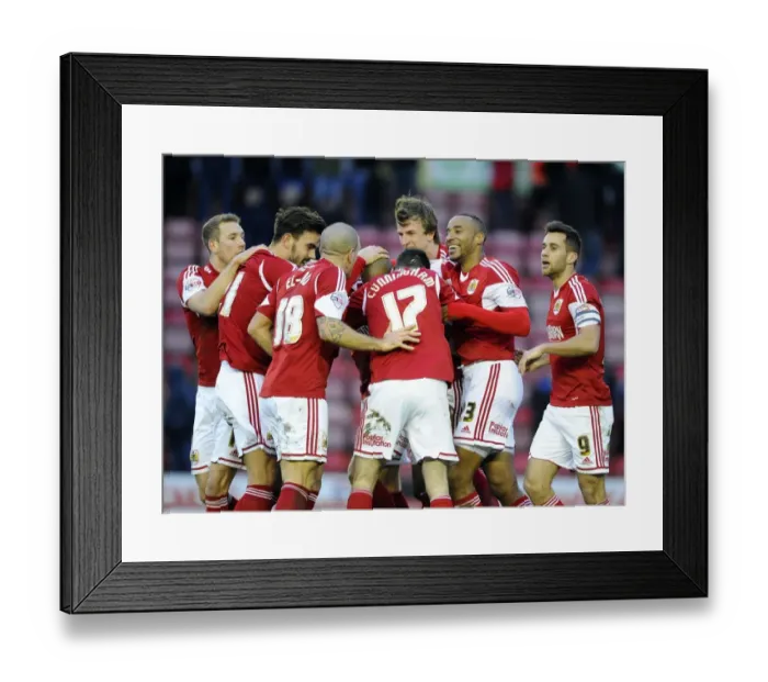 Framed Print : Marvin Elliott's Double Strike: Thrilling Moment of Victory as Ecstatic Bristol City Team Celebrates at Ashton Gate Framed Print : Marvin Elliott's Double Strike: Thrilling Moment of Victory as Ecstatic Bristol City Team Celebrates at Ashton Gate