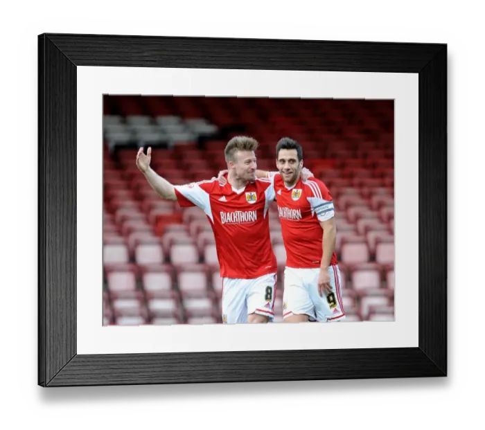 Framed Print : Bristol City: Sam Baldock and Wade Elliott's Euphoric Moment as They Celebrate Goal Against Tranmere Rovers, Sky Bet League One, 2014