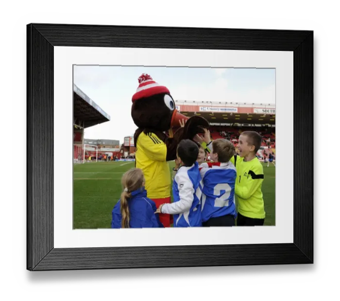 Framed Print : Bristol City Mascot Scrumpy Delights Young Fans at Ashton Gate during Bristol City vs Gillingham Match Framed Print : Bristol City Mascot Scrumpy Delights Young Fans at Ashton Gate during Bristol City vs Gillingham Match