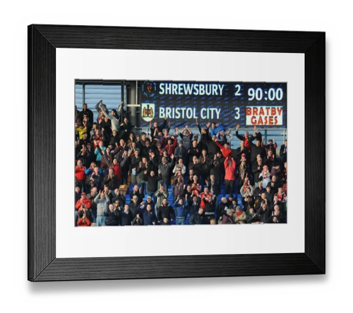 Framed Print : Bristol City Fans in Action at Shrewsbury Town's New Meadow, March 2014 Framed Print : Bristol City Fans in Action at Shrewsbury Town's New Meadow, March 2014