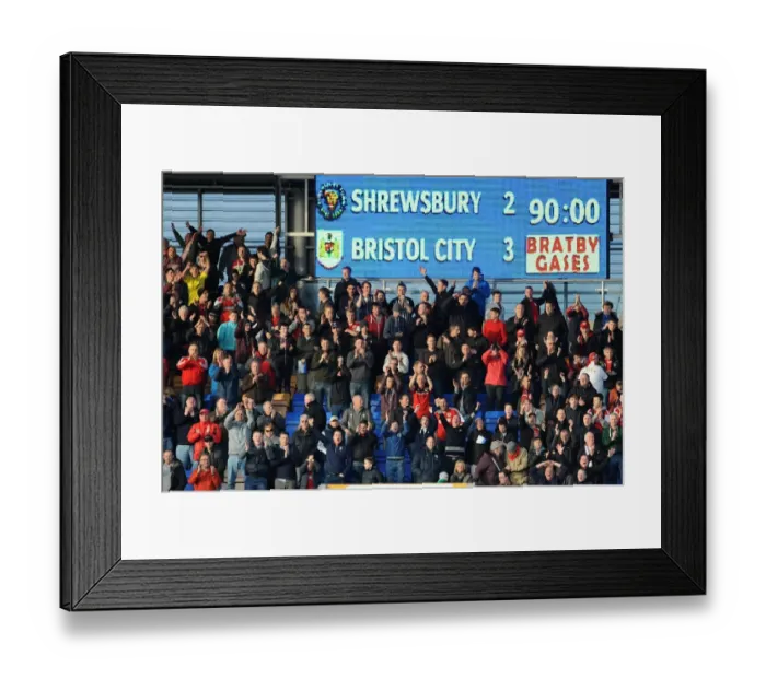 Framed Print : Bristol City Fans in Action at Shrewsbury Town's New Meadow, March 2014 Framed Print : Bristol City Fans in Action at Shrewsbury Town's New Meadow, March 2014