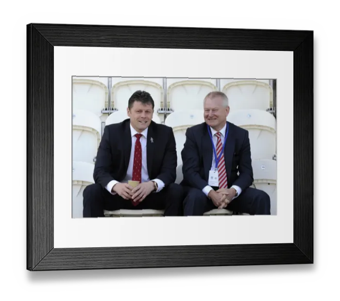 Framed Print : Bristol City Manager Steve Cotterill and Majority Shareholder Steve Lansdown Pre-Match Discussion at Colchester United, 2014