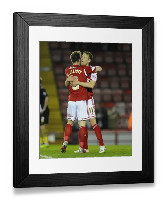Framed Print : Bristol City: Wagstaff and Elliott's Thrilling Celebration After Win Against Swindon Town Framed Print : Bristol City: Wagstaff and Elliott's Thrilling Celebration After Win Against Swindon Town