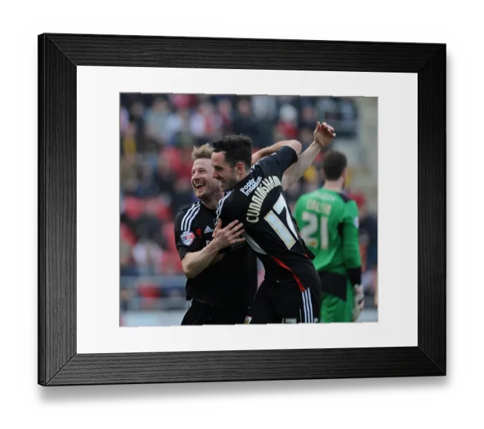 Framed Print : Bristol City: Elliott and Cunningham's Euphoric Goal Celebration in Sky Bet League One Clash against Rotherham United, 2014 Framed Print : Bristol City: Elliott and Cunningham's Euphoric Goal Celebration in Sky Bet League One Clash against Rotherham United, 2014