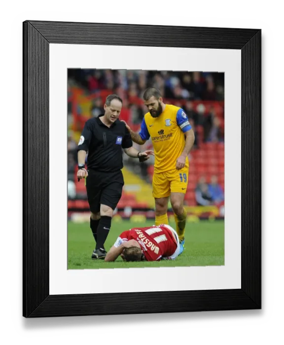 Framed Print : John Welsh Booked Amid Allegations: Bristol City vs Preston North End, 2014 (Sky Bet League One) Framed Print : John Welsh Booked Amid Allegations: Bristol City vs Preston North End, 2014 (Sky Bet League One)
