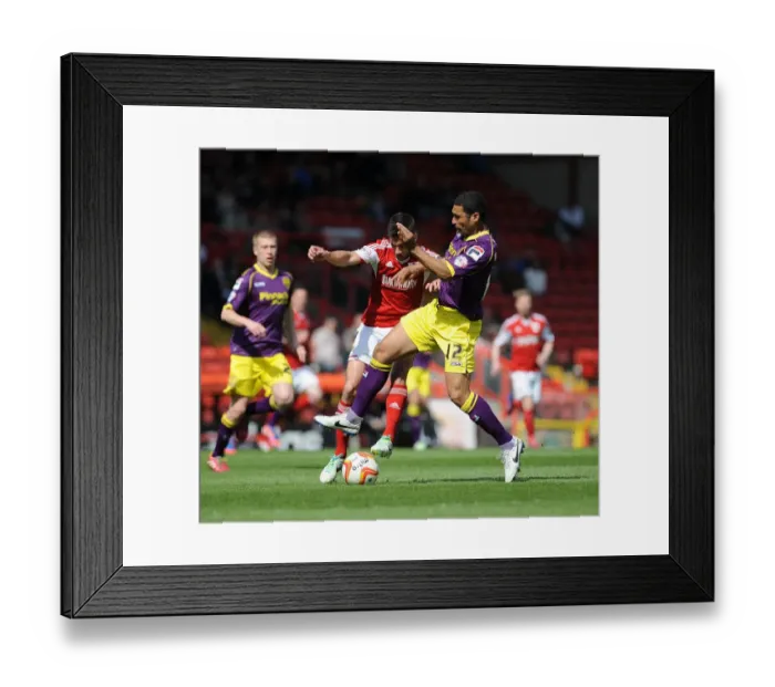 Framed Print : Intense Rivalry: Mullins vs Baldock Clash at Ashton Gate - Football Battle between Notts County's Hayden Mullins and Sam Baldock of Bristol City