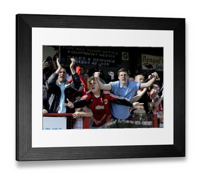 Framed Print : Bristol City Fans Rejoice in Promotion and Rival's Relegation at Crawley Town Match, May 2014 Framed Print : Bristol City Fans Rejoice in Promotion and Rival's Relegation at Crawley Town Match, May 2014