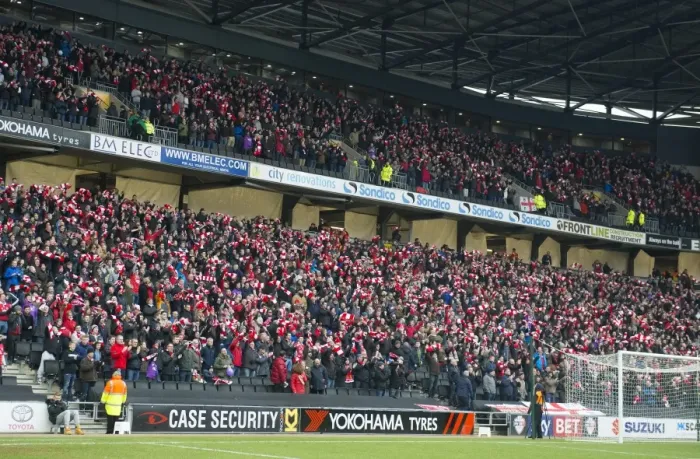 Framed Print : Over 5, 000 Bristol City Fans Unite in Sea of Scarves at MK Dons Match, Sky Bet League One Framed Print : Over 5, 000 Bristol City Fans Unite in Sea of Scarves at MK Dons Match, Sky Bet League One