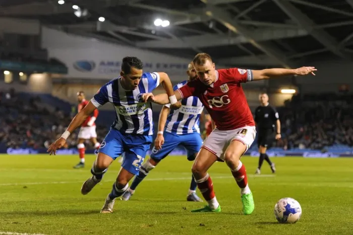 Framed Print : Aaron Wilbraham Faces Off Against Liam Rosenior: Brighton vs. Bristol City Championship Clash, 2015 Framed Print : Aaron Wilbraham Faces Off Against Liam Rosenior: Brighton vs. Bristol City Championship Clash, 2015