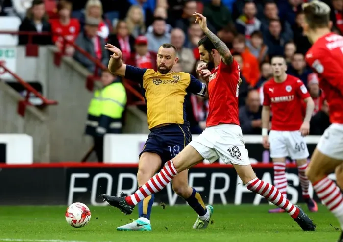 Framed Print : Aaron Wilbraham Tackles Adam Jackson in Barnsley vs. Bristol City Championship Clash Framed Print : Aaron Wilbraham Tackles Adam Jackson in Barnsley vs. Bristol City Championship Clash
