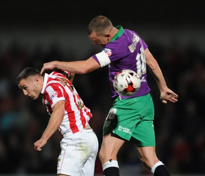 Framed Print : Aaron Wilbraham vs. Lee Vaughan: Heading Battle at Abbey Business Stadium - Cheltenham Town vs. Bristol City, Johnstone's Paint Trophy