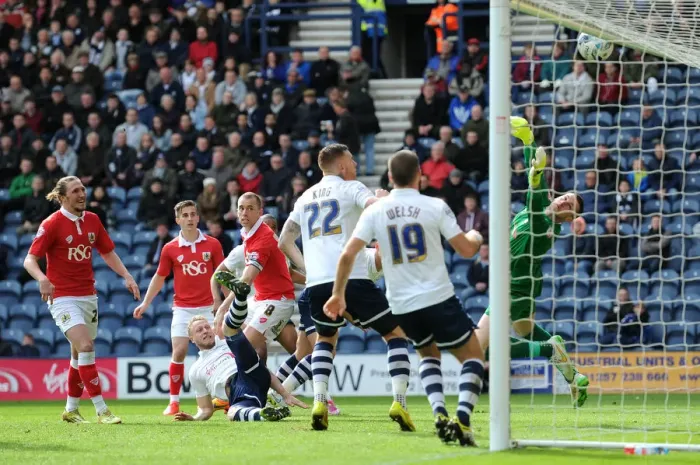 Framed Print : Aaron Wilbraham's Close Call: Header Hits the Crossbar in Preston North End vs. Bristol City Match