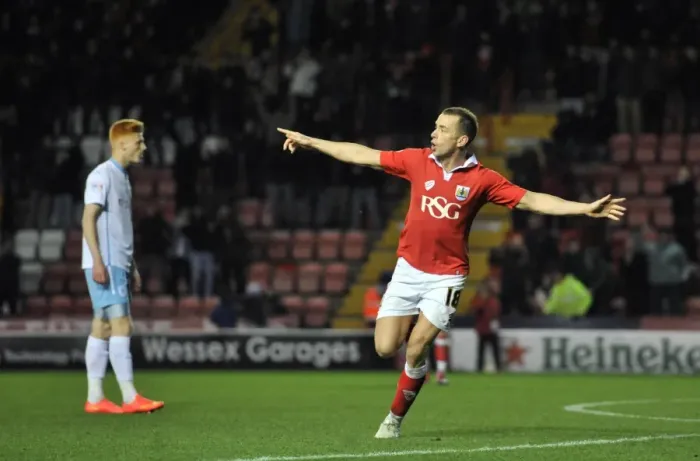 Framed Print : Aaron Wilbraham's Euphoric Goal Celebration: Bristol City vs Coventry City, Johnstones Paint Trophy (2014)