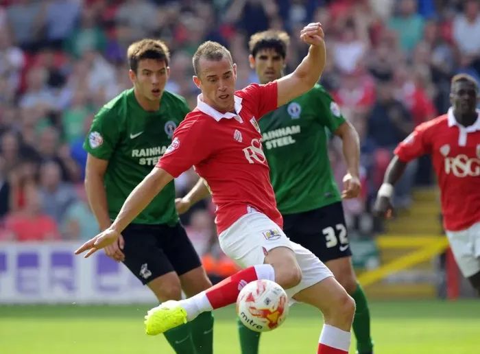 Framed Print : Aaron Wilbraham's Shot for Bristol City Against Scunthorpe United, September 6, 2014
