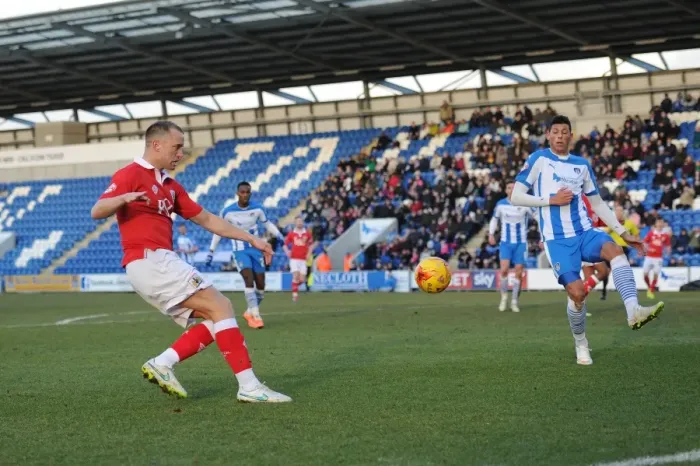 Framed Print : Aaron Wilbraham's Shot: Colchester United vs. Bristol City, Sky Bet League One