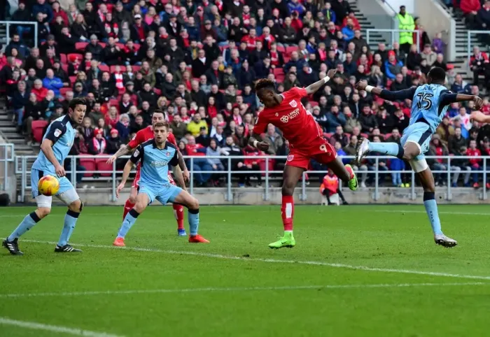Framed Print : Abraham's Header Saved: A Dramatic Moment in Bristol City vs Rotherham United Framed Print : Abraham's Header Saved: A Dramatic Moment in Bristol City vs Rotherham United