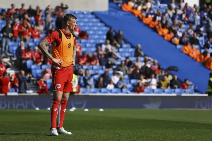 Framed Print : Aden Flint of Bristol City Prepares for Sky Bet Championship Clash at Amex Stadium (29 April 2017) Framed Print : Aden Flint of Bristol City Prepares for Sky Bet Championship Clash at Amex Stadium (29 April 2017)