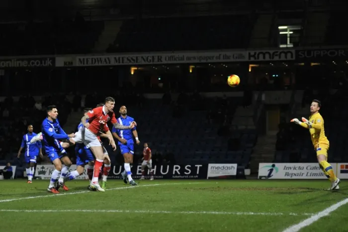 Framed Print : Aden Flint Charges Towards Goal: Gillingham vs. Bristol City, Johnstone's Paint Trophy Area Final