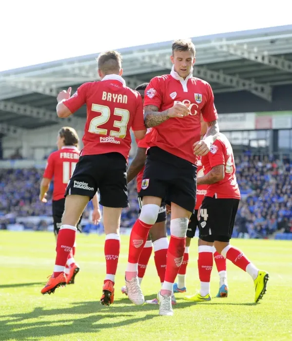Framed Print : Aden Flint and Joe Bryan Celebrate Bristol City's Goal in Chesterfield Match, Sky Bet League One, 2015
