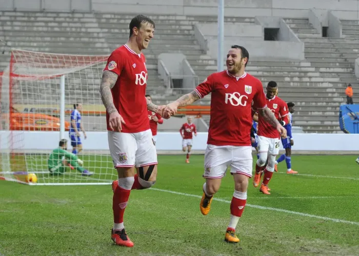 Framed Print : Aden Flint and Lee Tomlin Celebrate Double Strike: Bristol City vs Ipswich Town, 2016