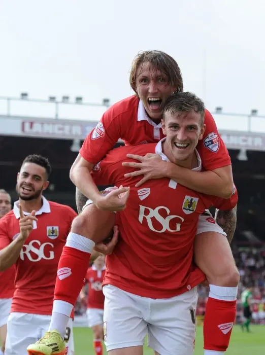 Framed Print : Aden Flint and Luke Ayling Celebrate Goal for Bristol City Against Scunthorpe United