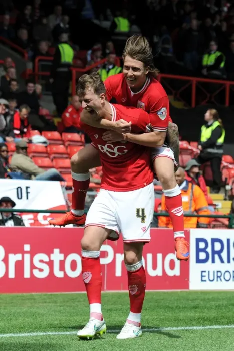 Framed Print : Aden Flint and Luke Freeman Celebrate Goal: Bristol City's Victory Moment vs Walsall (May 2015) Framed Print : Aden Flint and Luke Freeman Celebrate Goal: Bristol City's Victory Moment vs Walsall (May 2015)