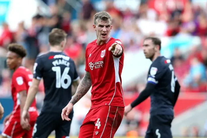 Framed Print : Aden Flint Points the Way: Bristol City vs Derby County, Sky Bet Championship Framed Print : Aden Flint Points the Way: Bristol City vs Derby County, Sky Bet Championship