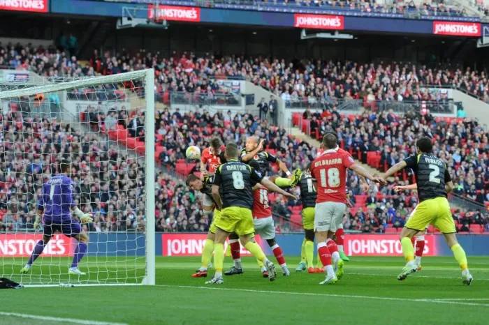 Framed Print : Aden Flint Scores the Opener: Bristol City's Johnstone's Paint Trophy Victory over Walsall (2015) Framed Print : Aden Flint Scores the Opener: Bristol City's Johnstone's Paint Trophy Victory over Walsall (2015)