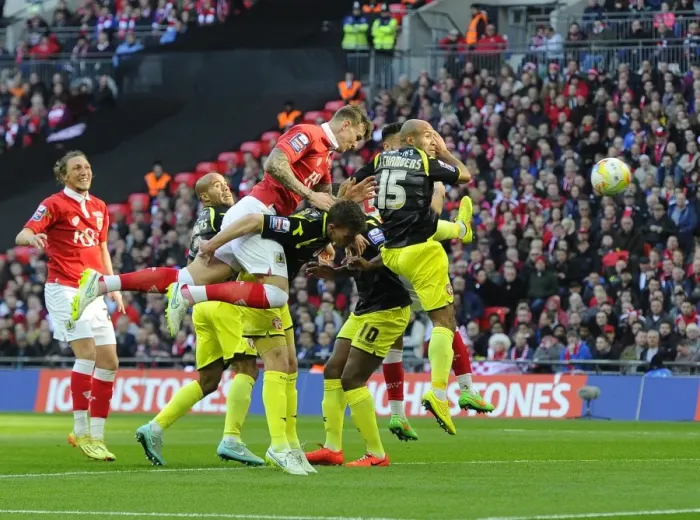 Framed Print : Aden Flint Scores the Opener: Bristol City's Victory in the Johnstone's Paint Trophy Final against Walsall (2015) Framed Print : Aden Flint Scores the Opener: Bristol City's Victory in the Johnstone's Paint Trophy Final against Walsall (2015)