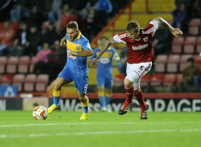 Framed Print : Aden Flint Thwarts Jon Taylor's Attack: Bristol City vs Shrewsbury Town, 2013 Framed Print : Aden Flint Thwarts Jon Taylor's Attack: Bristol City vs Shrewsbury Town, 2013