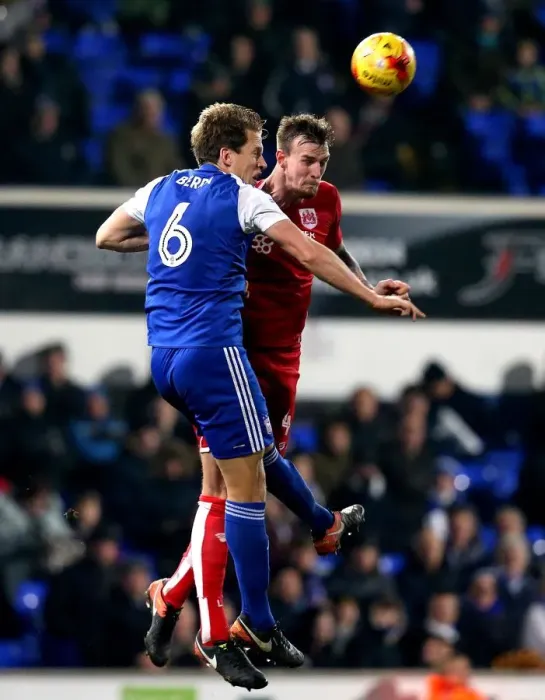 Framed Print : Aden Flint vs Christophe Berra: Heading Battle at Portman Road - Ipswich Town vs Bristol City, Sky Bet Championship
