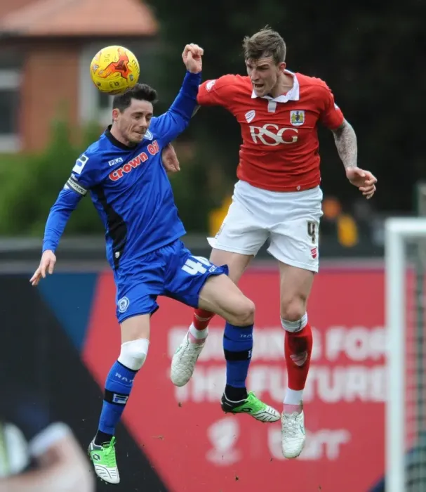 Framed Print : Aden Flint vs. Ian Henderson: Intense Header Battle at Ashton Gate, Bristol City vs. Rochdale, 2015