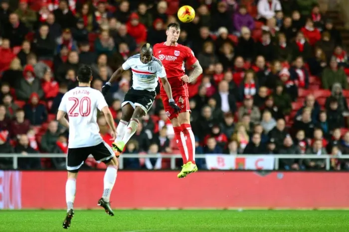 Framed Print : Aden Flint vs Neeskens Kebano: Heading Battle at Ashton Gate - Bristol City vs Fulham, Sky Bet Championship
