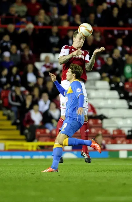 Framed Print : Aden Flint Wins a Header for Bristol City against Shrewsbury Town, Sky Bet League One, September 17, 2013