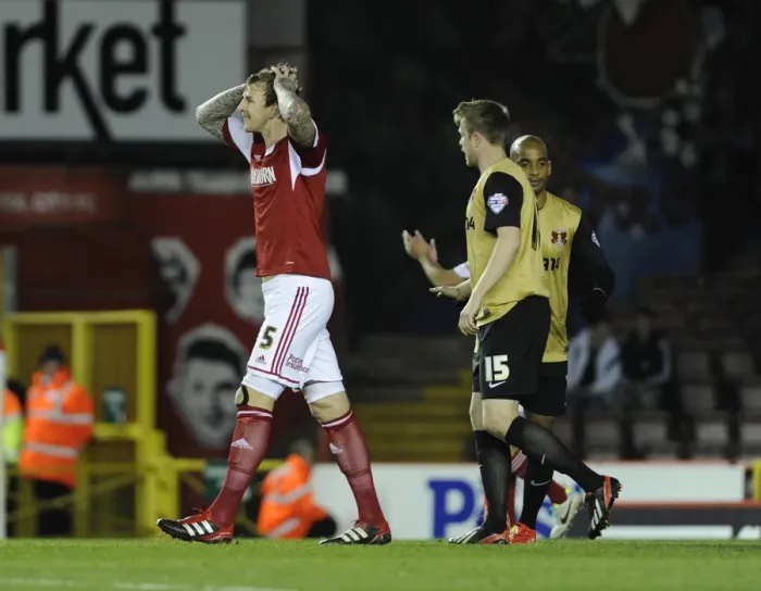 Framed Print : Aden Flint's Disappointment: Wide Miss for Bristol City Against Leyton Orient