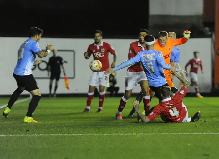 Framed Print : Aden Flint's Double: Bristol City's Dominance Over Bradford City Framed Print : Aden Flint's Double: Bristol City's Dominance Over Bradford City