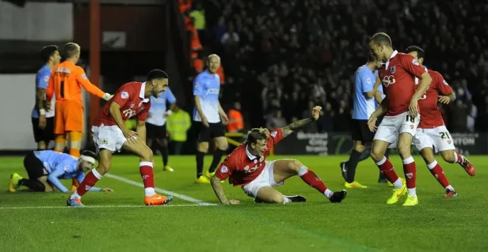 Framed Print : Aden Flint's Double: Celebrating Bristol City's Victory Over Bradford City (10-21-2014)