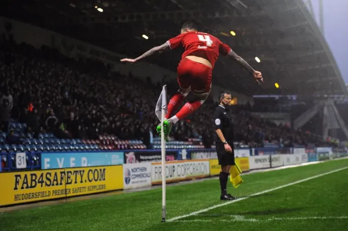 Framed Print : Aden Flint's Euphoric Goal Celebration: Huddersfield vs. Bristol City, Sky Bet Championship (12 / 12 / 2015)