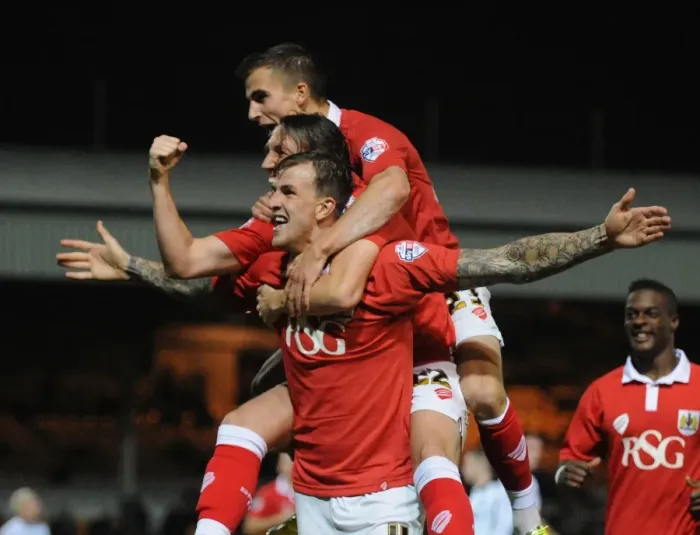 Framed Print : Aden Flint's Exuberant Goal Celebration: Port Vale vs. Bristol City (September 16, 2014)