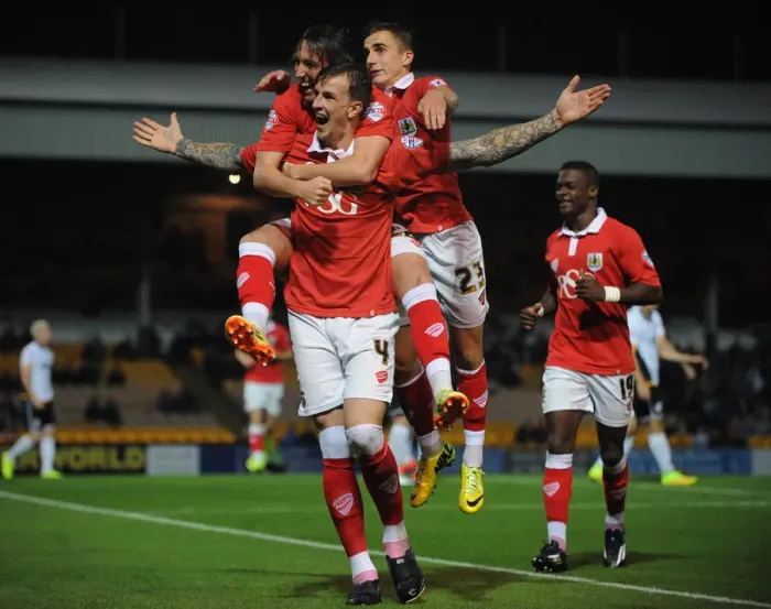Framed Print : Aden Flint's Exuberant Goal Celebration: Port Vale vs. Bristol City (September 16, 2014)
