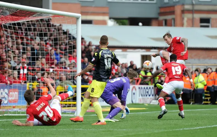 Framed Print : Aden Flint's Hat-Trick: Bristol City vs Walsall, 03 May 2015