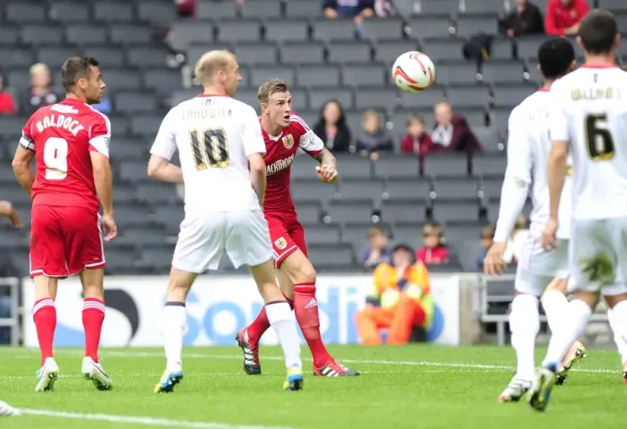 Framed Print : Aden Flint's Headed Goal: Milton Keynes Dons vs. Bristol City, Sky Bet League One, 2013 Framed Print : Aden Flint's Headed Goal: Milton Keynes Dons vs. Bristol City, Sky Bet League One, 2013