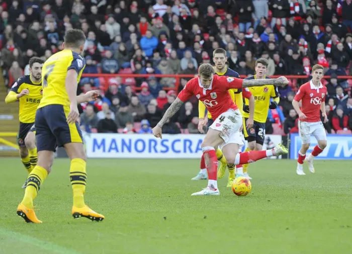 Framed Print : Aden Flint's Heart-Stopping Miss: Narrowly Wide vs. Fleetwood Town (Bristol City Football Club, Sky Bet League One, 01 / 02 / 2015)