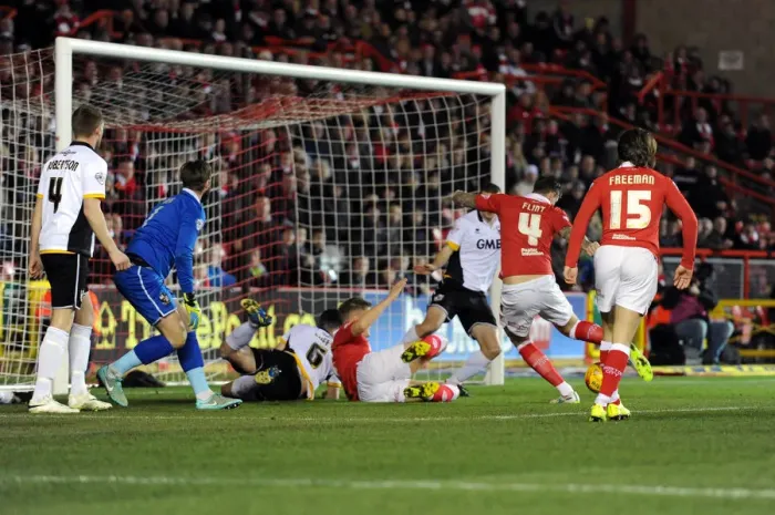 Framed Print : Aden Flint's Powerful Shot: Bristol City vs Port Vale, Sky Bet League One Framed Print : Aden Flint's Powerful Shot: Bristol City vs Port Vale, Sky Bet League One