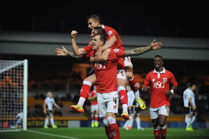 Framed Print : Aden Flint's Thrilling Goal Celebration: Port Vale vs. Bristol City, Sky Bet League One (September 16, 2014)