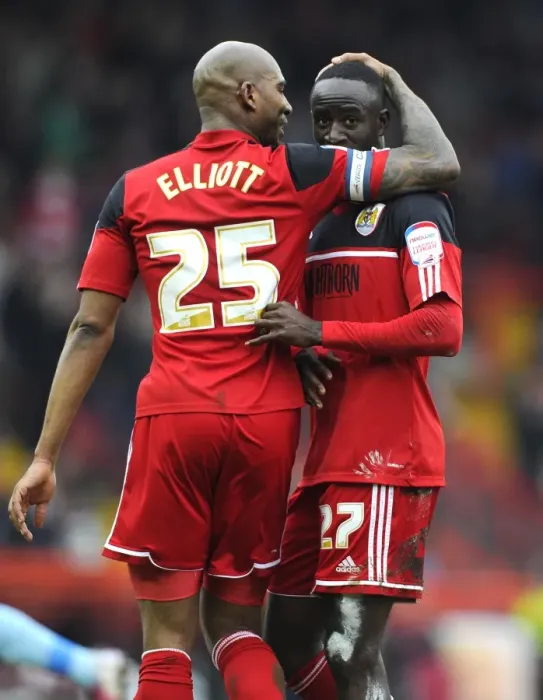 Framed Print : Adomah and Elliott Celebrate Goal: Bristol City vs. Middlesbrough, 09-03-2013