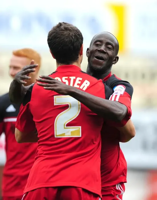 Framed Print : Adomah and Foster Celebrate Goal: Bristol City vs. Blackburn Rovers, Championship Football Match, Ashton Gate Stadium, 2012 Framed Print : Adomah and Foster Celebrate Goal: Bristol City vs. Blackburn Rovers, Championship Football Match, Ashton Gate Stadium, 2012