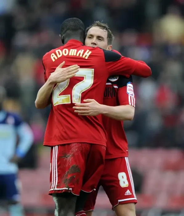 Framed Print : Adomah and Kilkenny Celebrate Goal: Bristol City vs. Middlesbrough, 09-03-2013